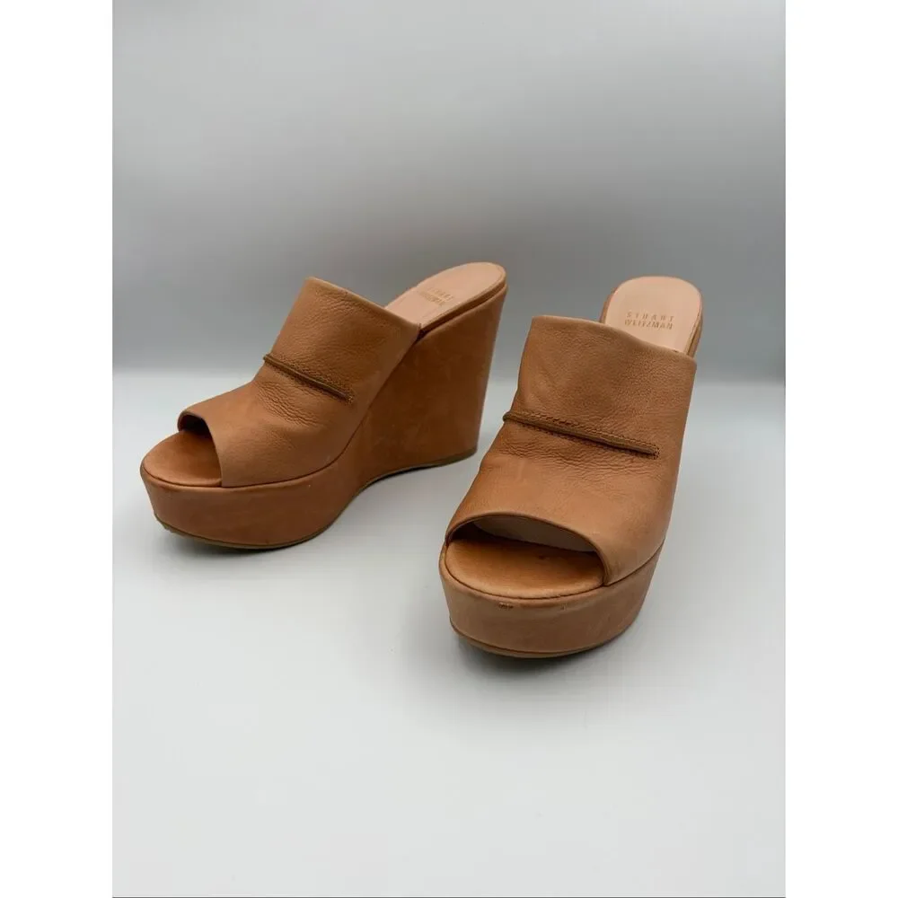 Stuart Weitzman Leather Platform Wedge Slide Sandals Tan Size 8 - Picture 3 of 12
